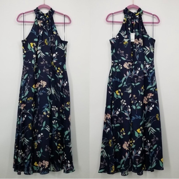 Banana Republic Dress Halter Floral Satin Midi Navy Blue High Neck Ruffle 0P - Picture 9 of 13